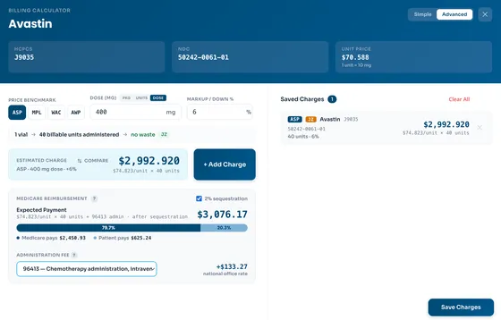 Billing calculator for Avastin: dose to billable units, estimated charge and Medicare reimbursement