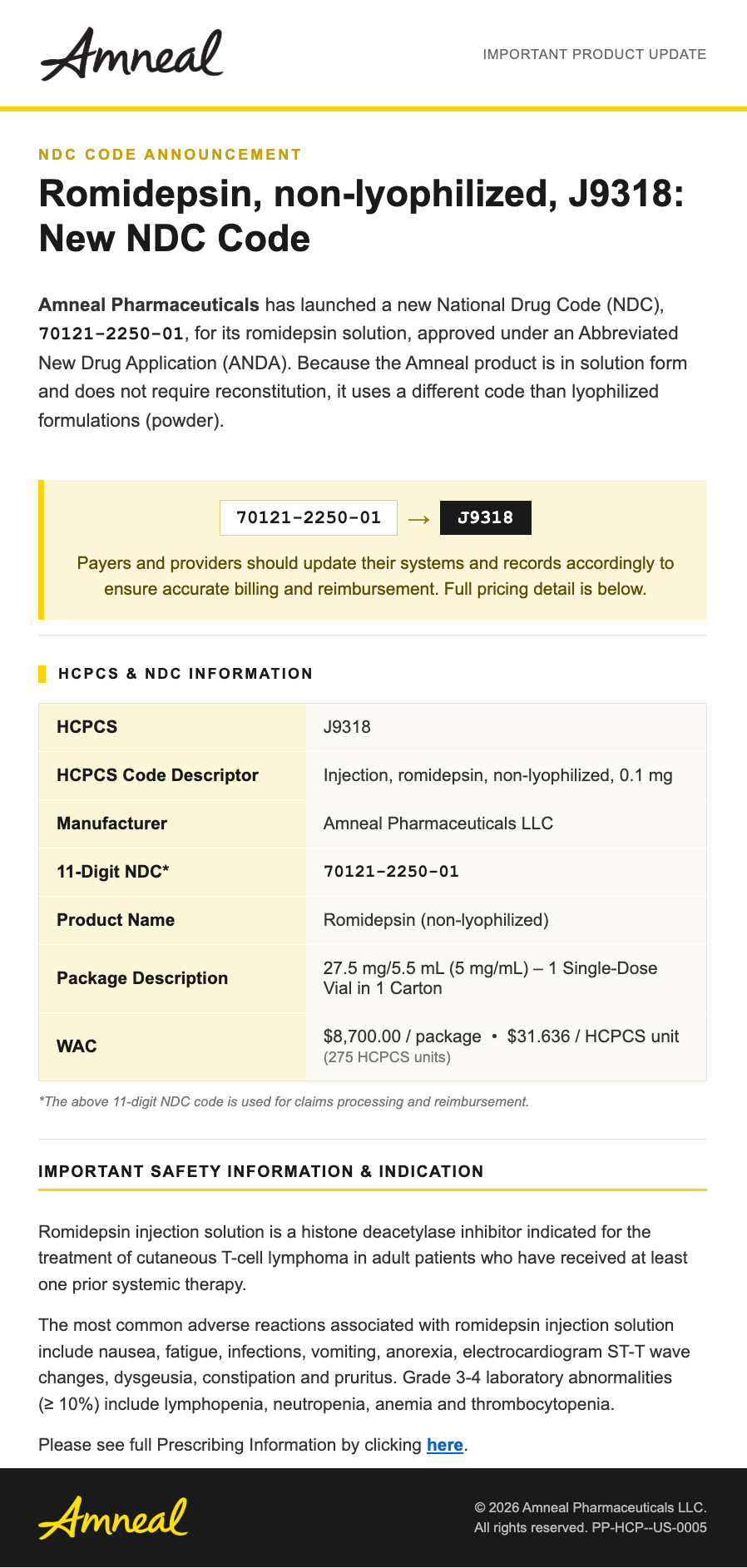 ROMIDEPSIN manufacturer announcement